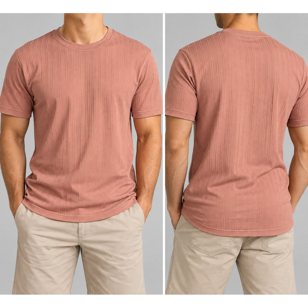 Bobby Chan Mens Medium 100% Silk Ribbed Short Sleeve T-Shirt Salmon Pink